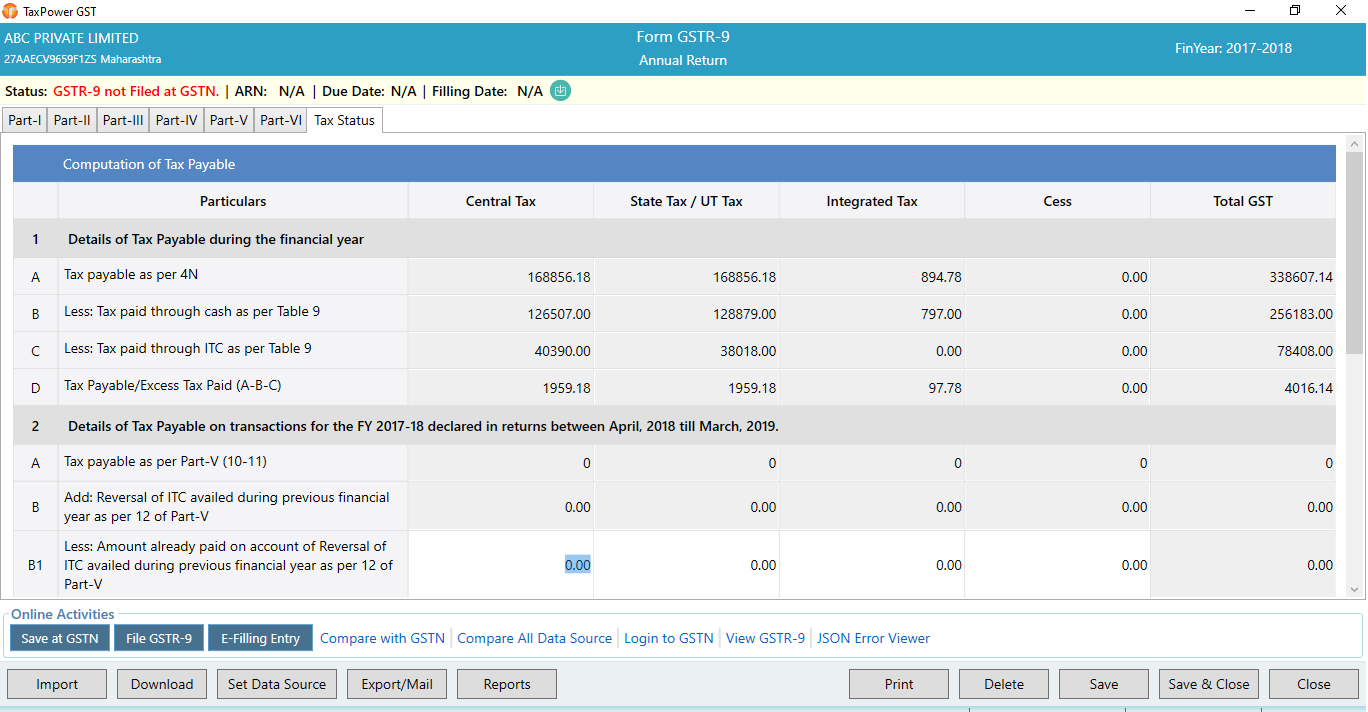GSTR-9 computation and validation in TaxPower GST