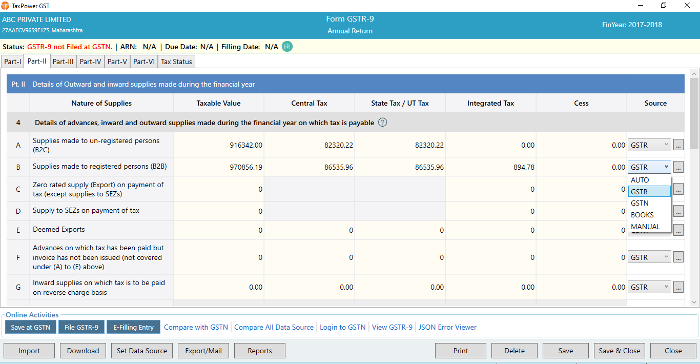 GSTR-9 data source selection in TaxPower GST