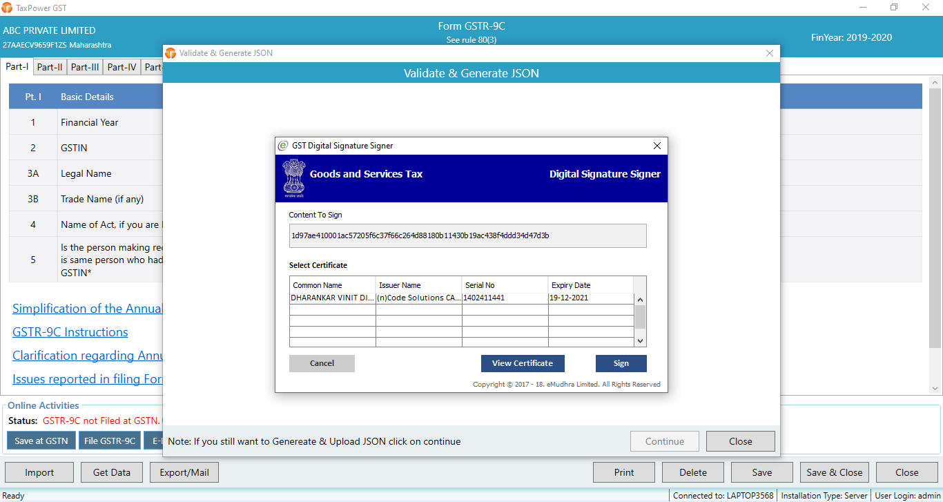 DSC supported GSTR-9C workflow in TaxPower GST