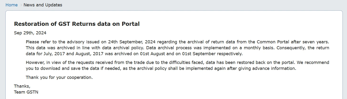 Restore GST Returns Data on Portal