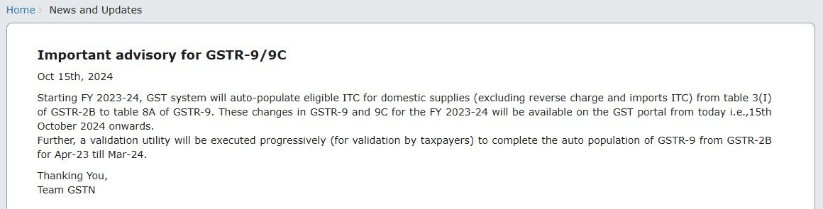 This is an image of Advisory for GSTR-9/9C
