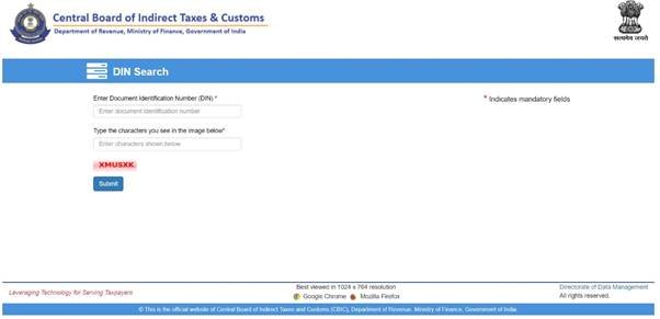 a screenshot of a computer screen showing the DIN search window on CBIC Website