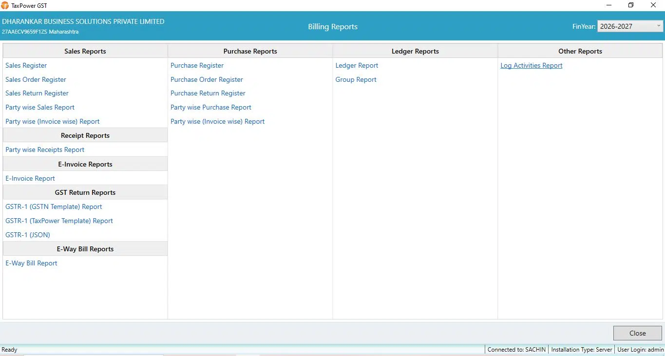 Billing data connected with GST reports and return filing in TaxPower GST