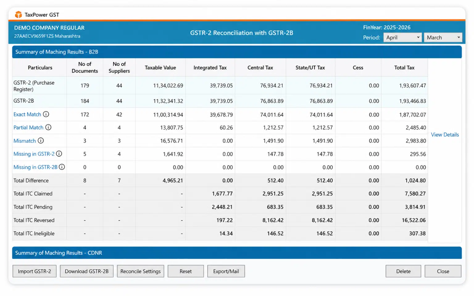 GST reconciliation dashboard summary in TaxPower GST
