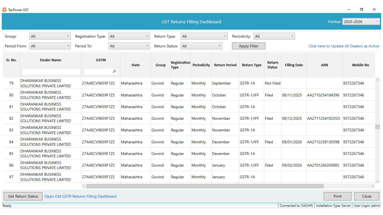 GST return filing dashboard for return status review in TaxPower GST