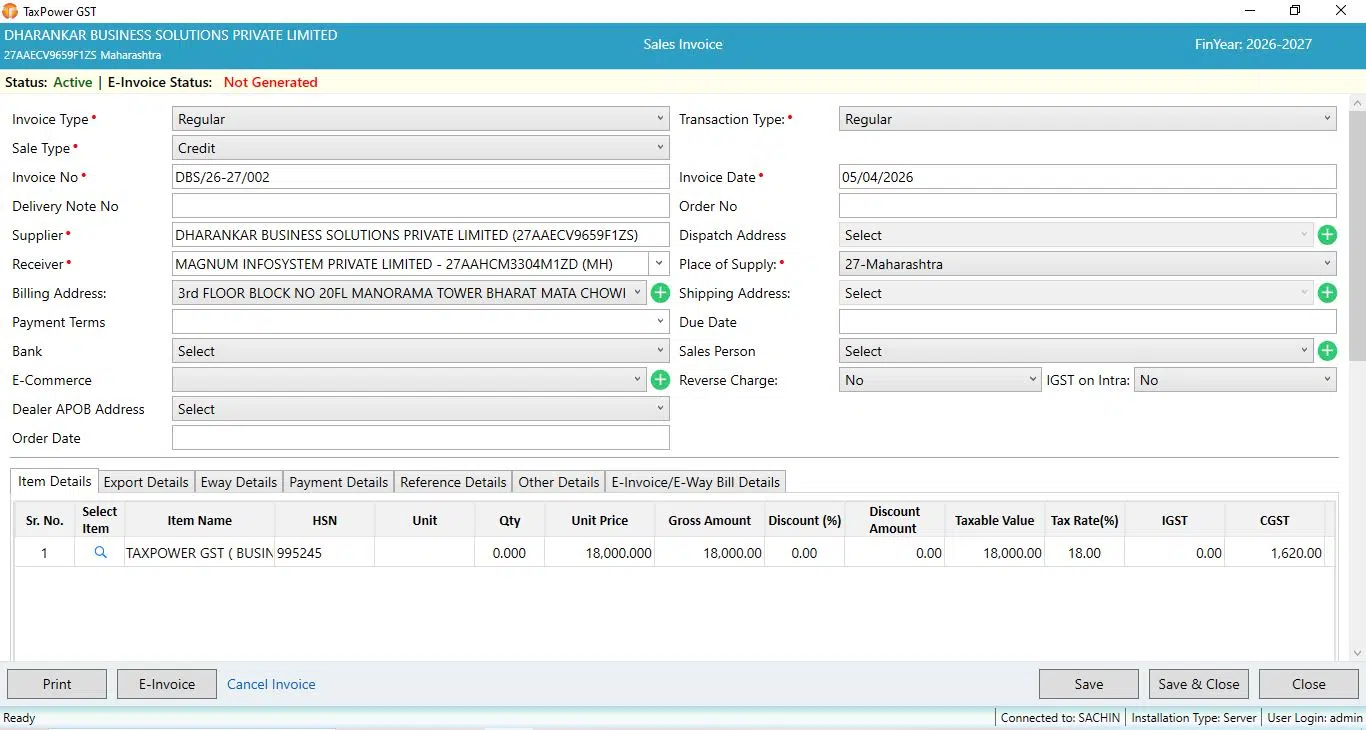 GST transaction management dashboard in TaxPower GST