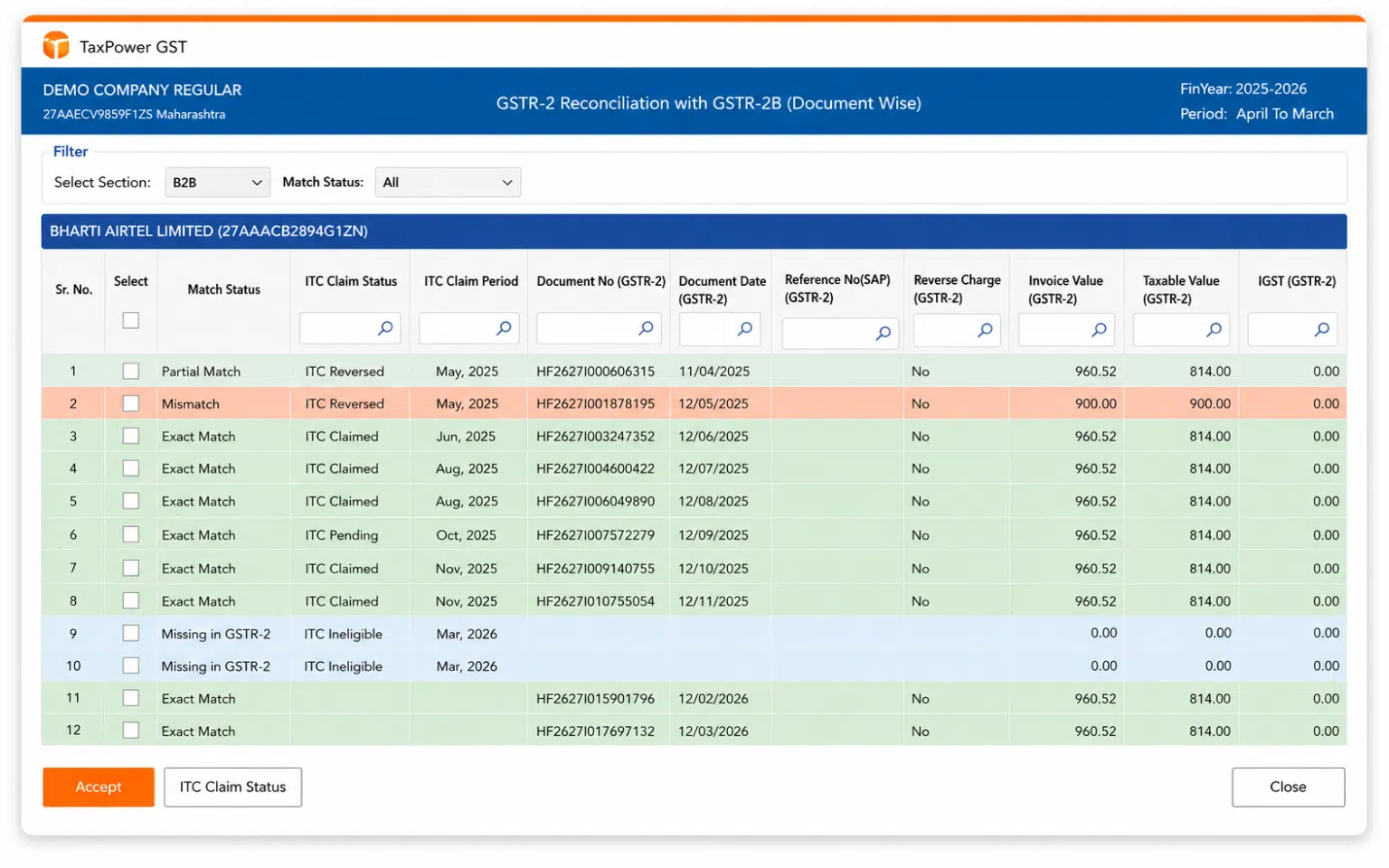 GSTR-2B and books reconciliation document wise view in TaxPower GST