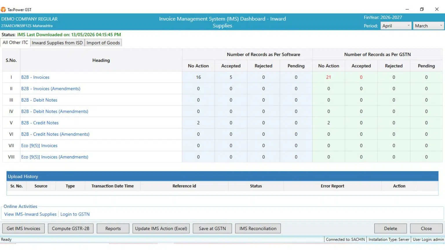 IMS GST Software dashboard for GSTN data synchronization